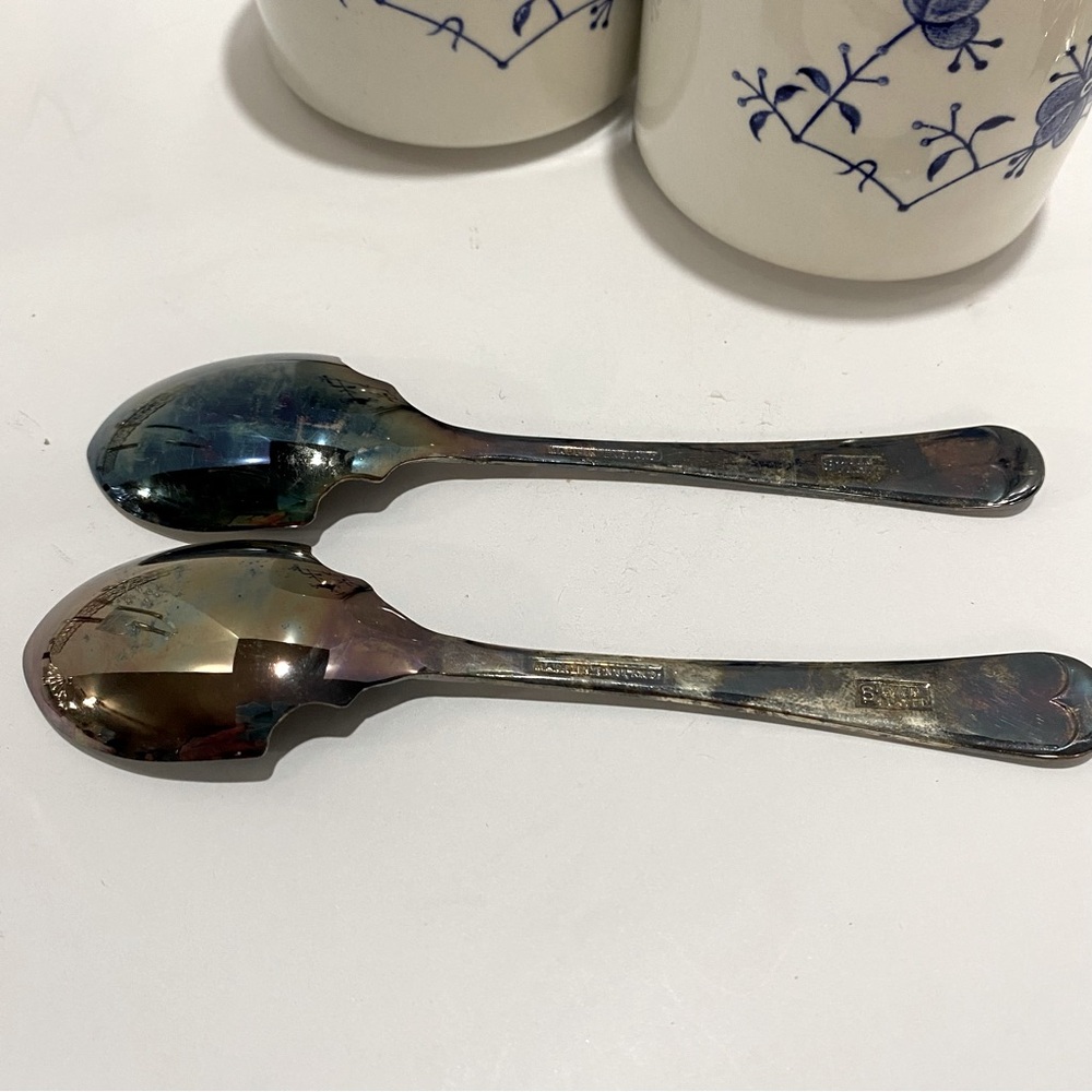 VTG Leonard Silver Sheffield England Condiment Set Blue & White w/Spoons & Stand - Picture 7 of 11